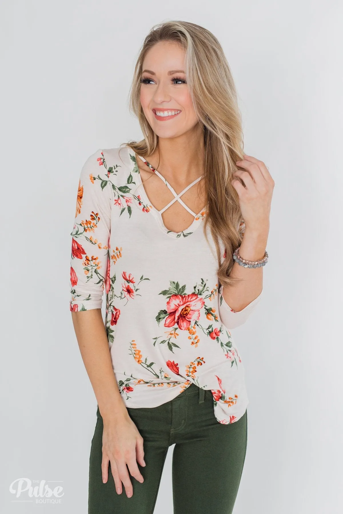 Across The Way Floral 3/4 Sleeve Top- Light Blush