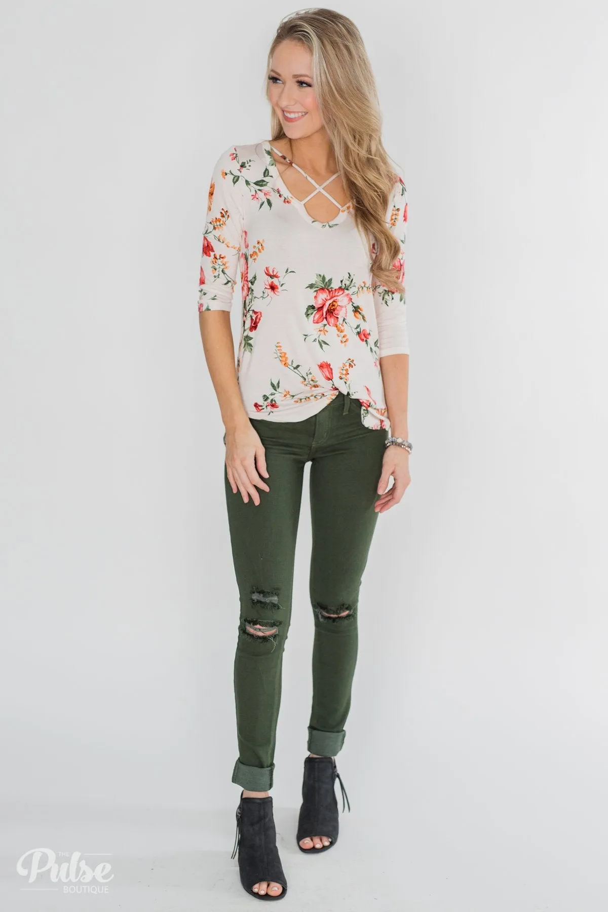 Across The Way Floral 3/4 Sleeve Top- Light Blush