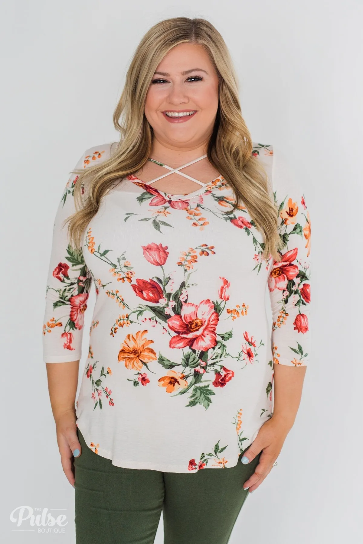Across The Way Floral 3/4 Sleeve Top- Light Blush