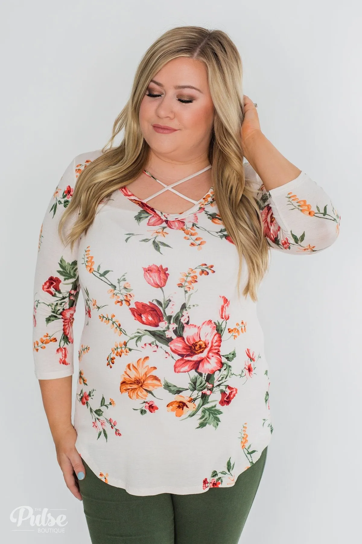 Across The Way Floral 3/4 Sleeve Top- Light Blush
