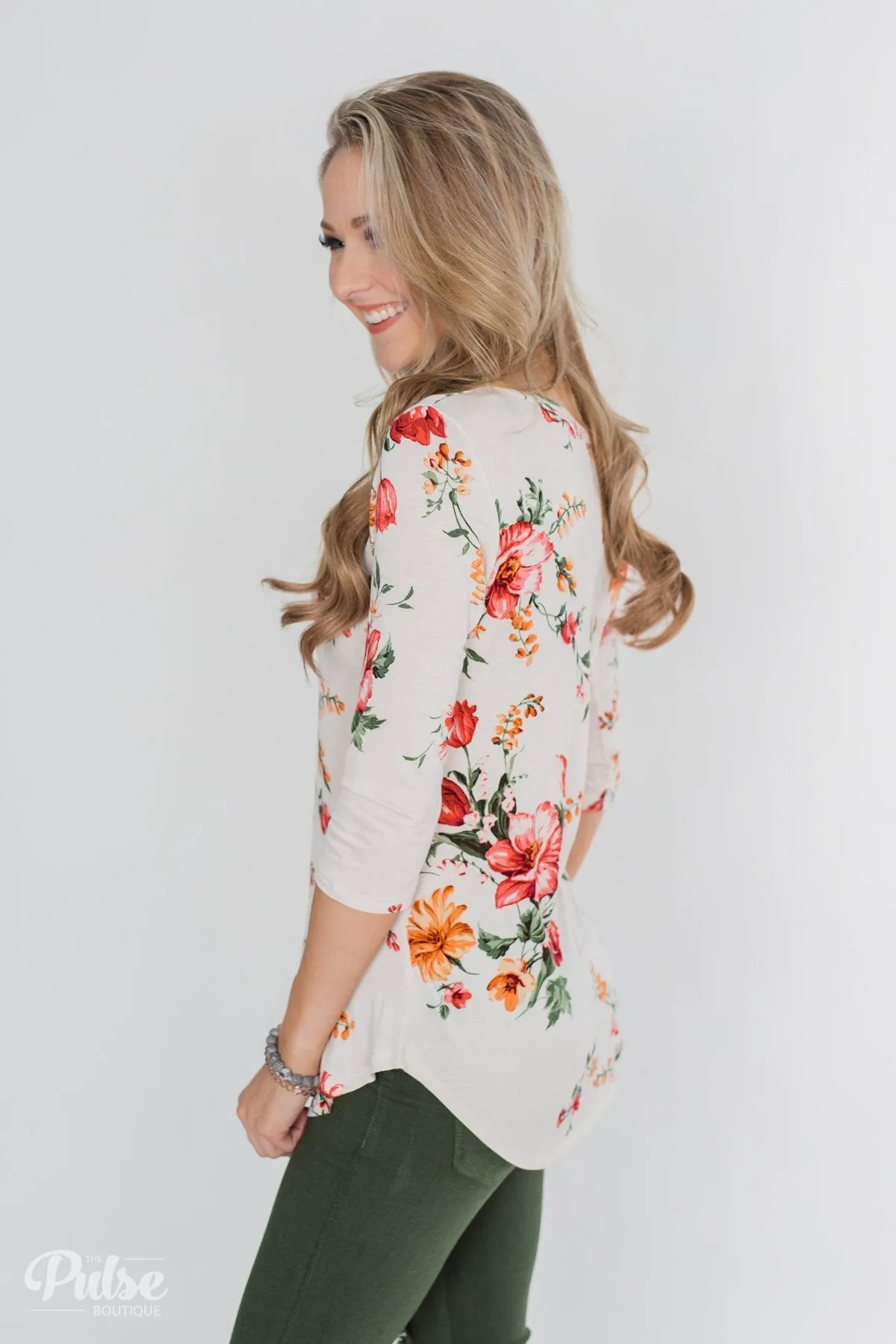 Across The Way Floral 3/4 Sleeve Top- Light Blush