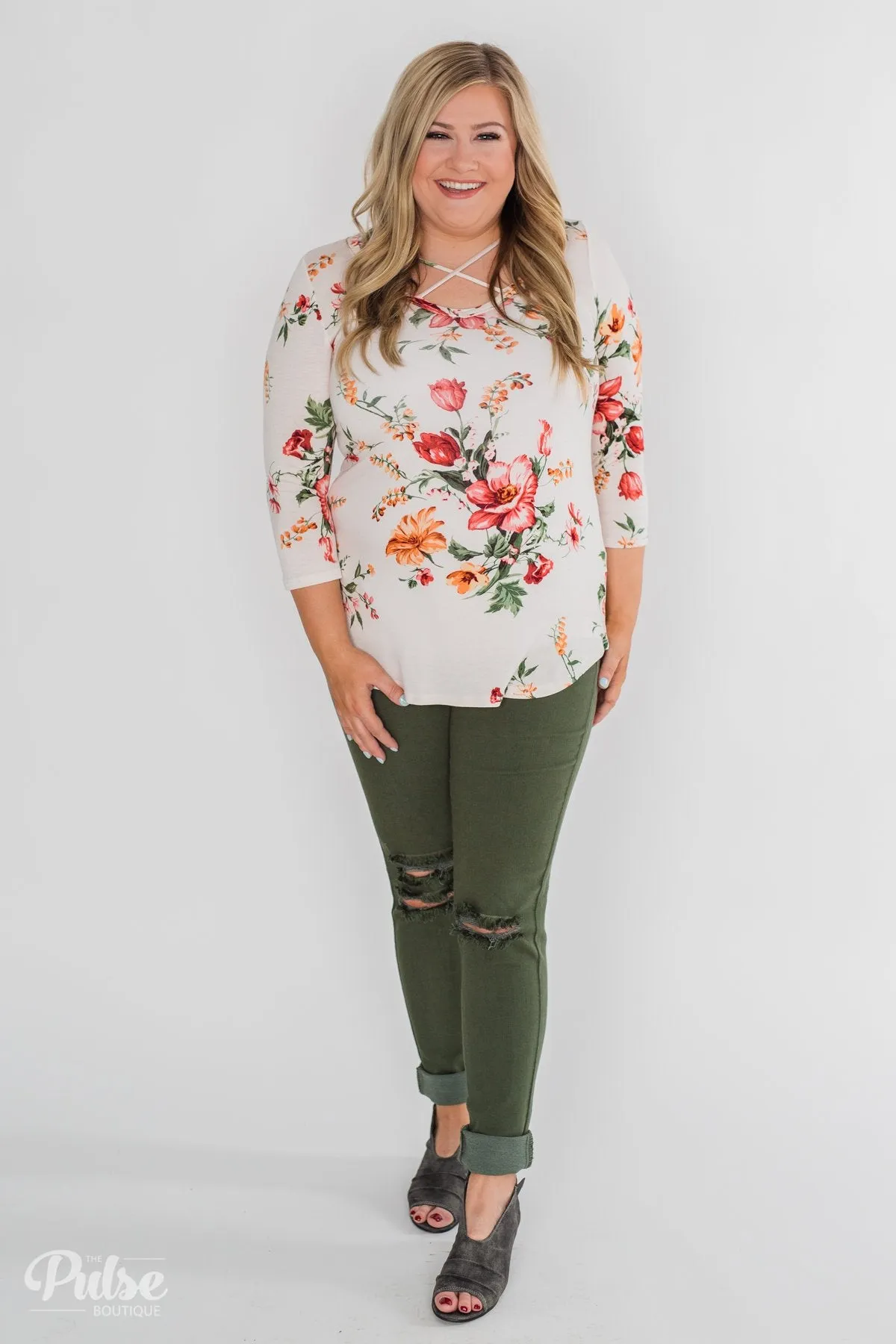 Across The Way Floral 3/4 Sleeve Top- Light Blush