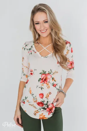 Across The Way Floral 3/4 Sleeve Top- Light Blush