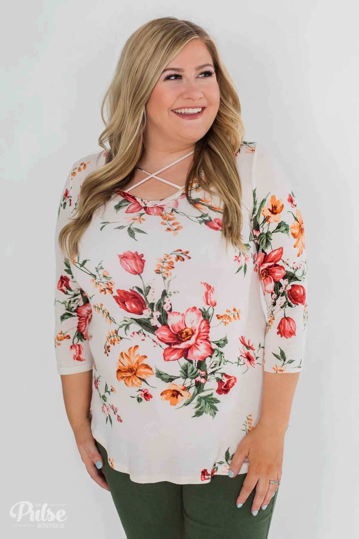 Across The Way Floral 3/4 Sleeve Top- Light Blush