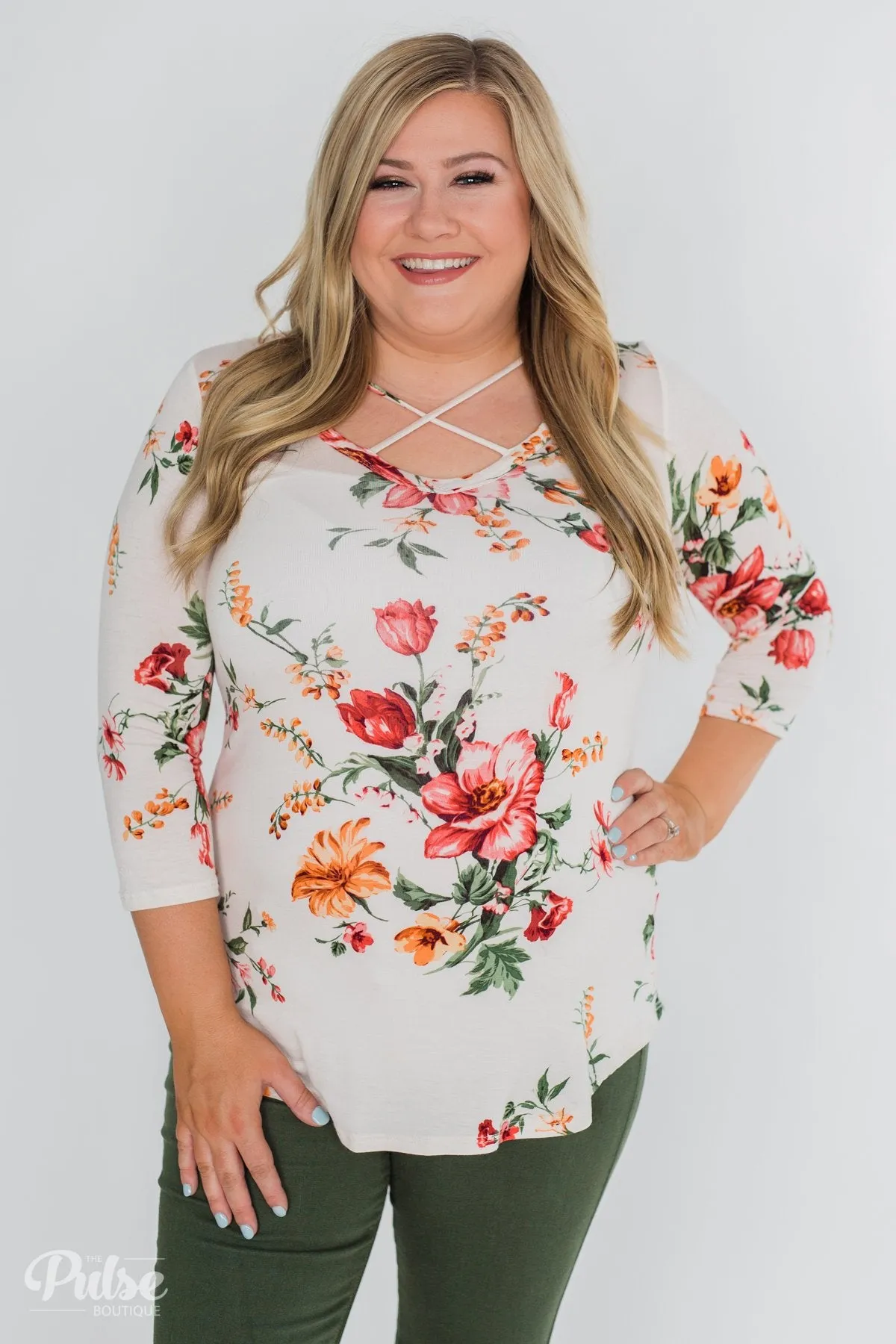 Across The Way Floral 3/4 Sleeve Top- Light Blush