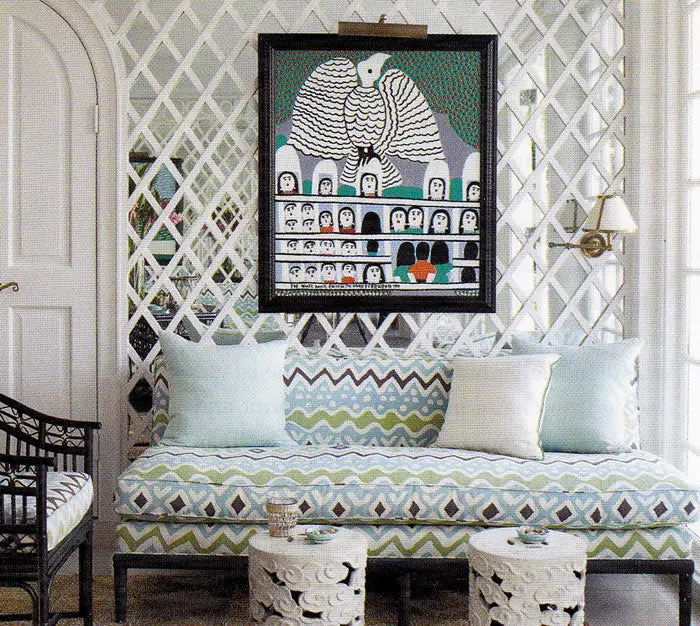 Alan Campbell Fabric: Cap Ferrat - Custom Multi Salmon / Green / Gold on Vellum Suncloth (OUTDOOR)