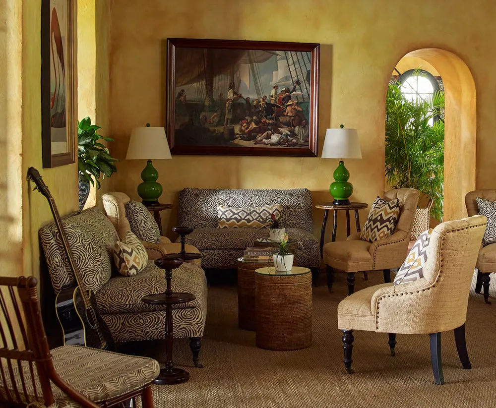 Alan Campbell Fabric: Cap Ferrat - Custom Multi Salmon / Green / Gold on Vellum Suncloth (OUTDOOR)