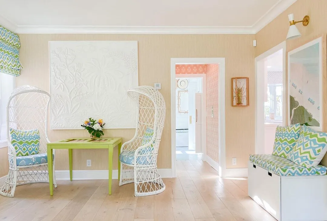 Alan Campbell Fabric: Cap Ferrat - Custom Multi Salmon / Green / Gold on Vellum Suncloth (OUTDOOR)