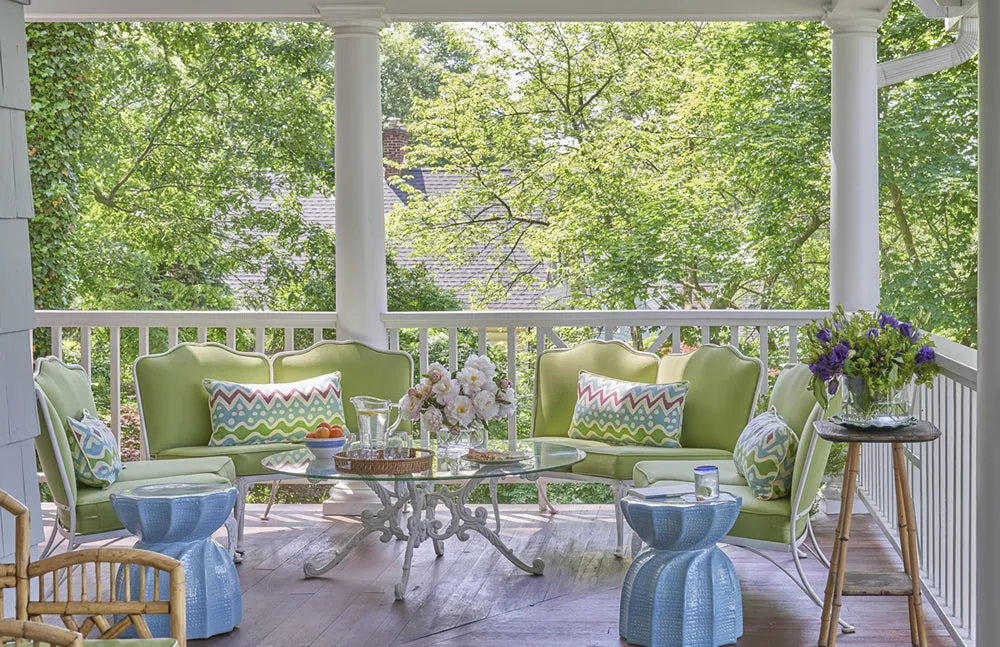 Alan Campbell Fabric: Cap Ferrat - Custom Multi Salmon / Green / Gold on Vellum Suncloth (OUTDOOR)