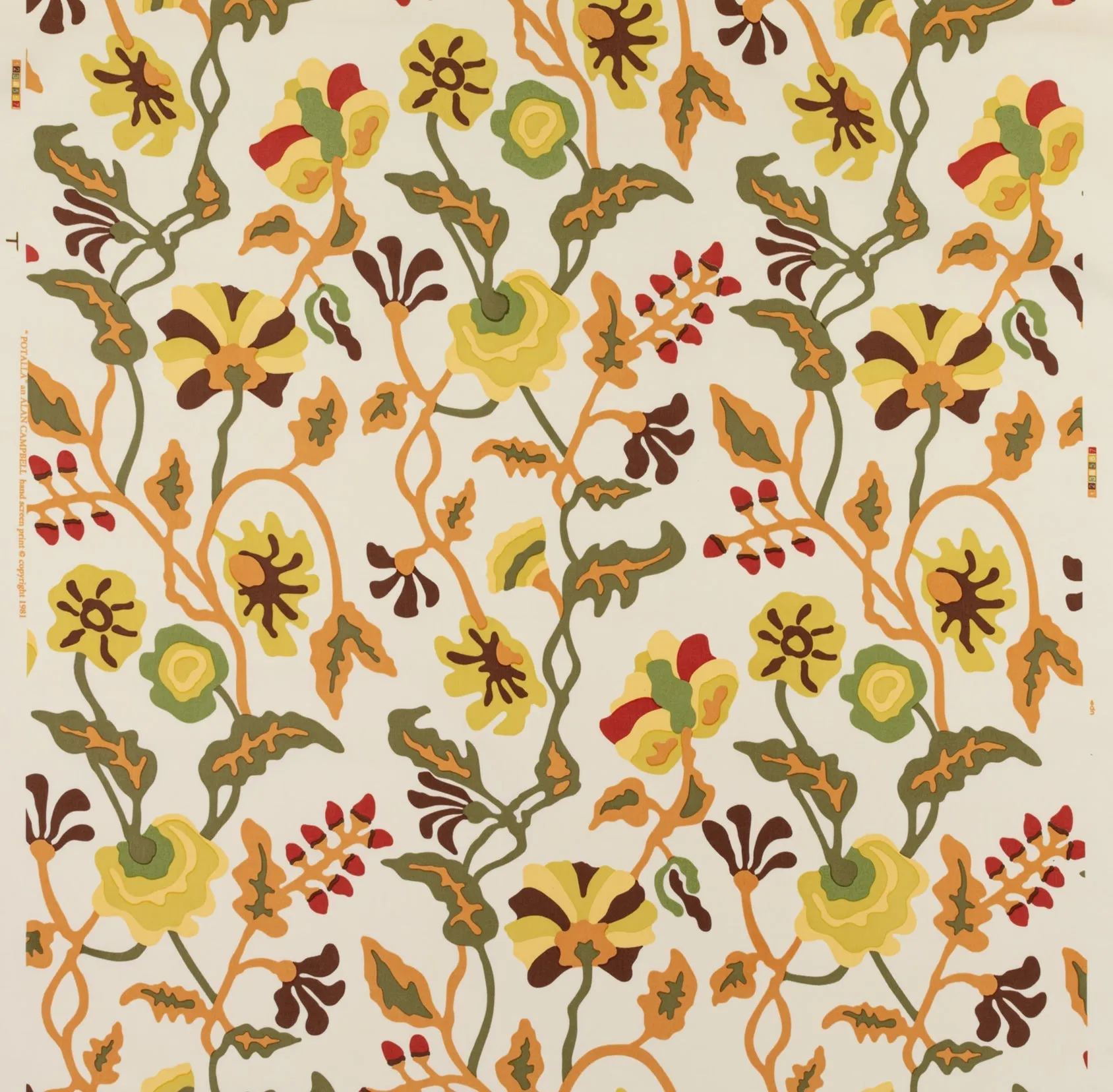 Alan Campbell Fabric: Potalla - Custom Multi Greens / Rust on Cream Suncloth