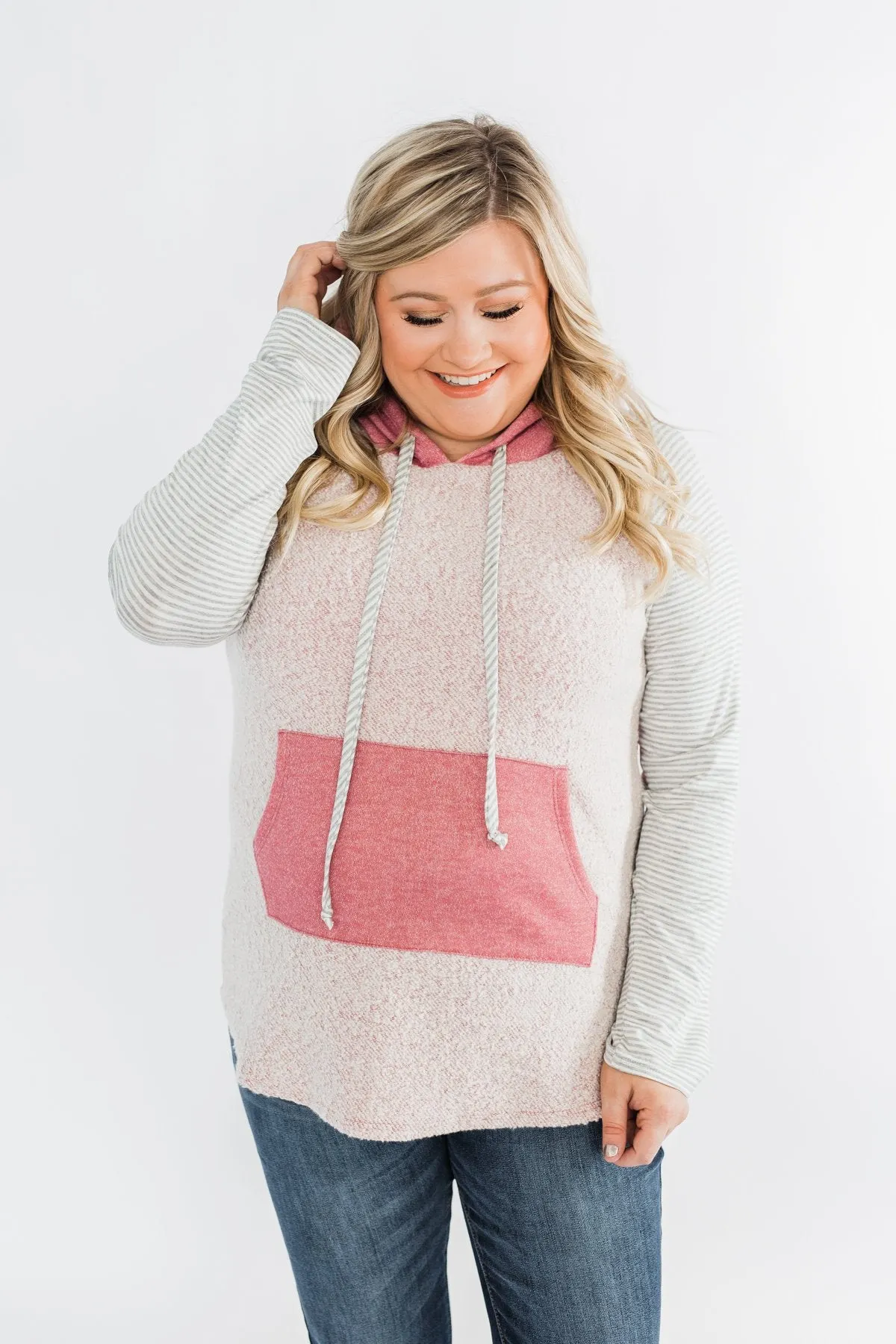 All The Details Drawstring Hoodie- Mauve Pink & Grey