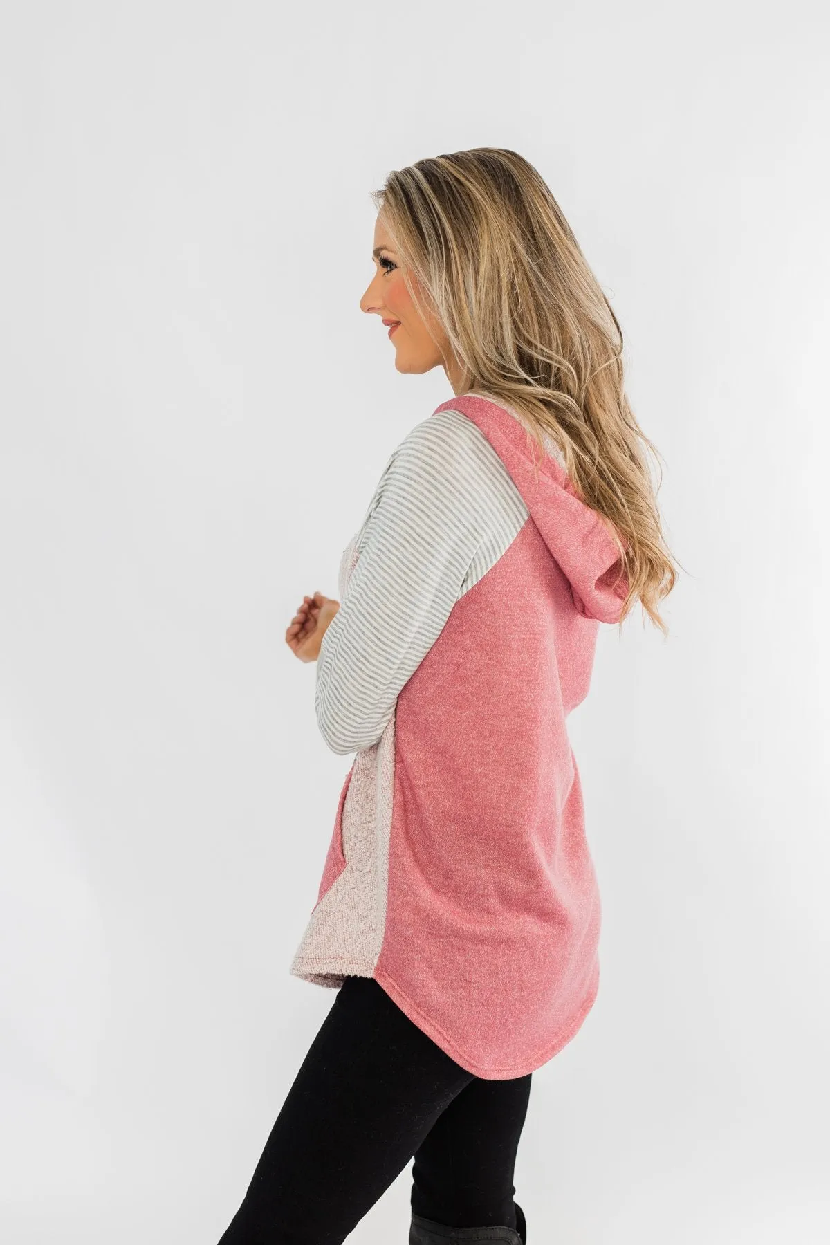 All The Details Drawstring Hoodie- Mauve Pink & Grey