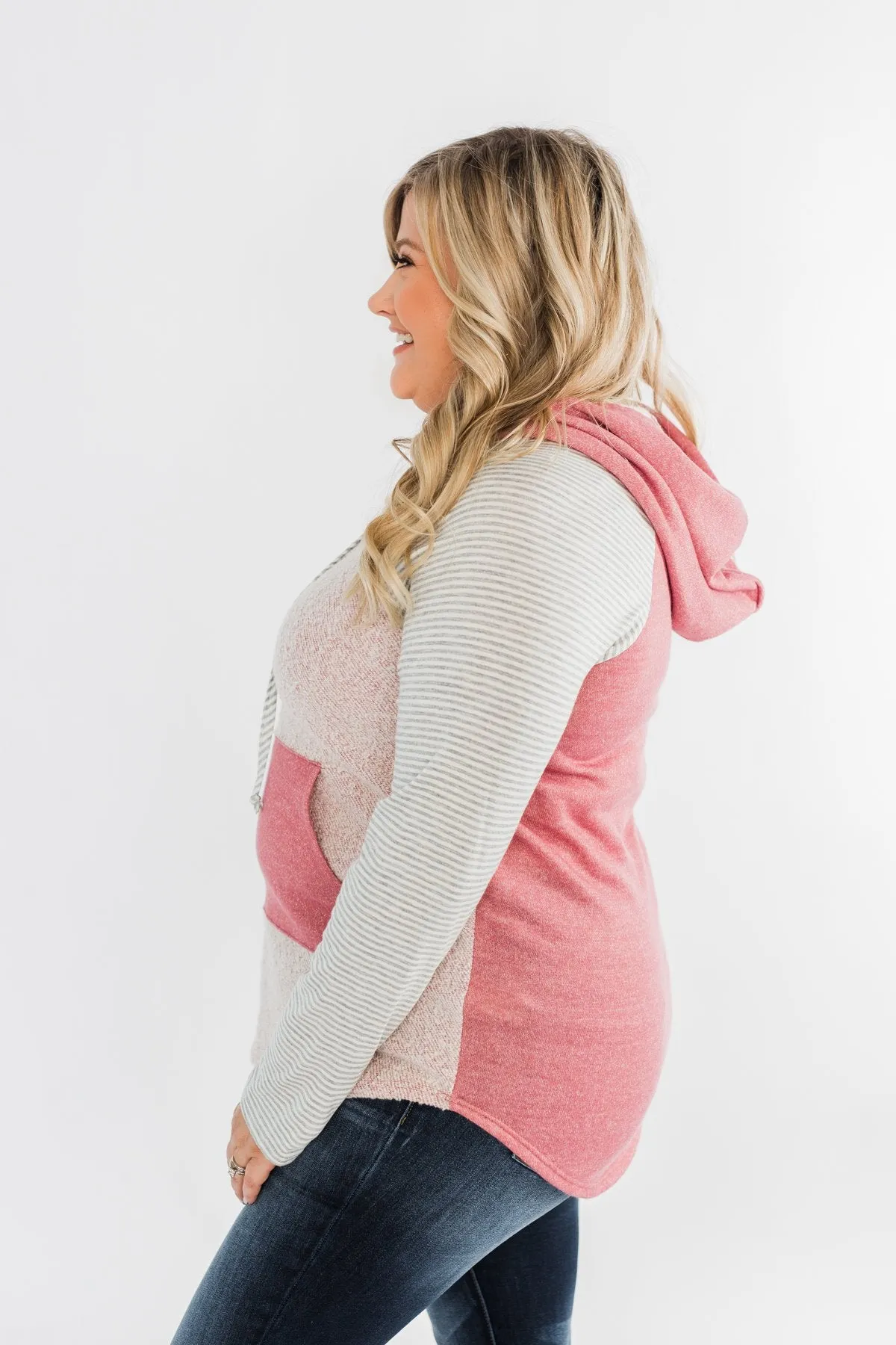All The Details Drawstring Hoodie- Mauve Pink & Grey