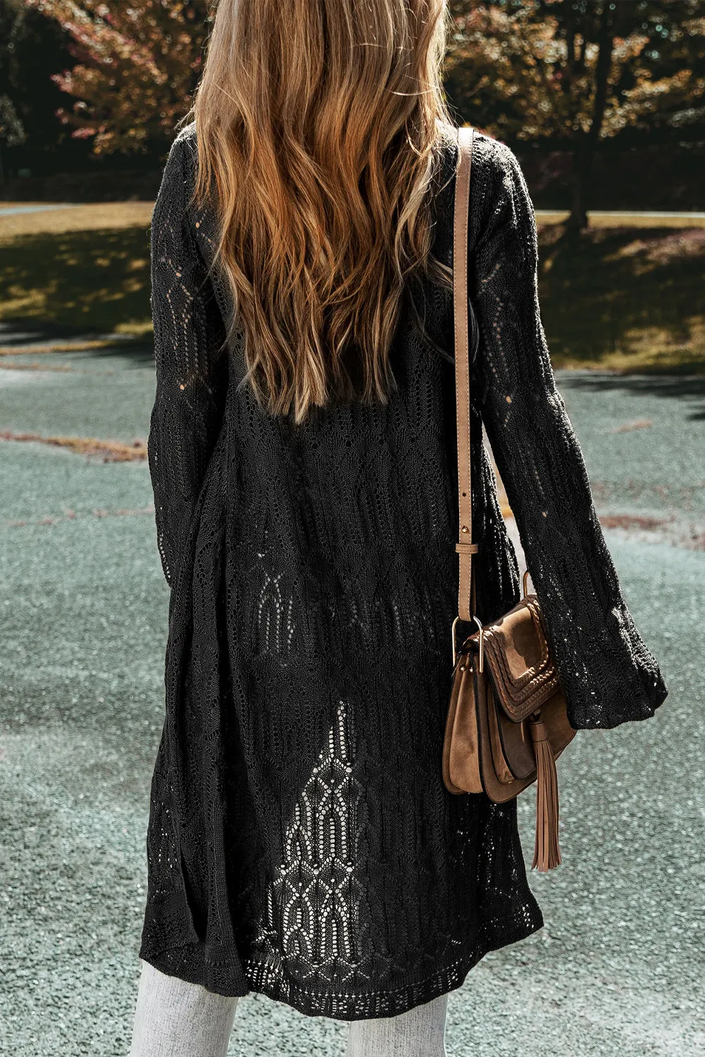 Black Lightweight Textured Pattern Open Front Cardigan