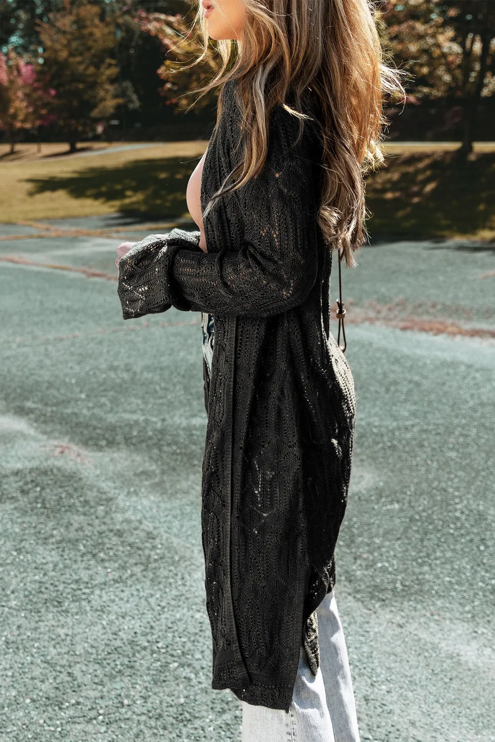 Black Lightweight Textured Pattern Open Front Cardigan