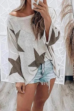 Brown Big Star Printed Lightweight Knit Sweater