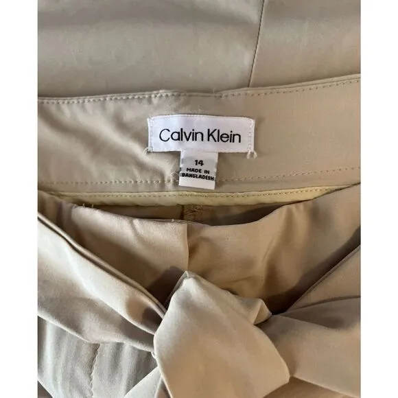 Calvin Klein Tan Shorts Size 14 Tie Belt High Rise Flare Paperbag Pockets Zippe