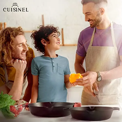 Cast Iron Skillet Set - 10"   12"-Inch Dual Handle Frying Pans   Silicone Handle Holder Covers   Pan Scraper - Pre-Seasoned Oven, Grill, Stovetop, Induction Safe Kitchen Cookware - Indoor/Outdoor Use