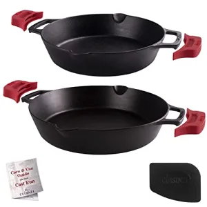 Cast Iron Skillet Set - 10"   12"-Inch Dual Handle Frying Pans   Silicone Handle Holder Covers   Pan Scraper - Pre-Seasoned Oven, Grill, Stovetop, Induction Safe Kitchen Cookware - Indoor/Outdoor Use