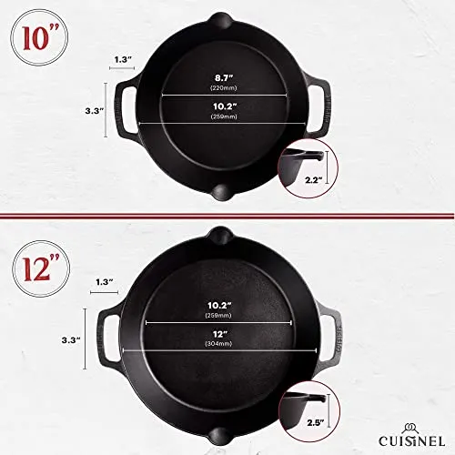 Cast Iron Skillet Set - 10"   12"-Inch Dual Handle Frying Pans   Silicone Handle Holder Covers   Pan Scraper - Pre-Seasoned Oven, Grill, Stovetop, Induction Safe Kitchen Cookware - Indoor/Outdoor Use