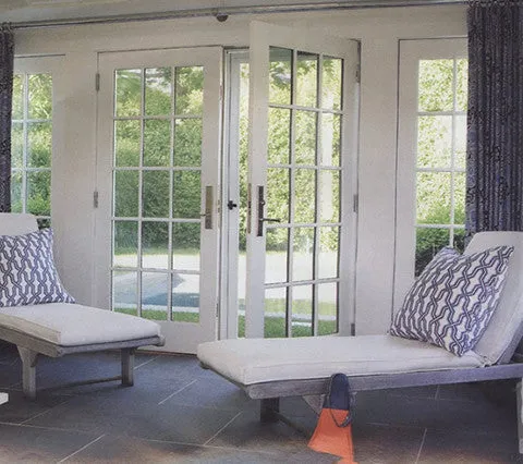 China Seas Fabric: Gorrivan Fretwork - Custom Celadon / White on Off White Suncloth (OUTDOOR)