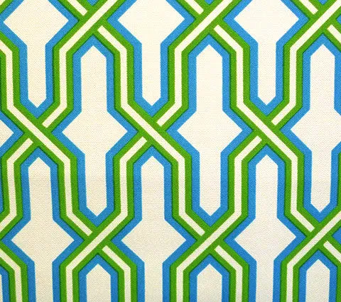 China Seas Fabric: Gorrivan Fretwork - Custom Grass Green / Sky on White Suncloth