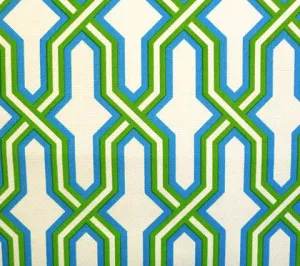 China Seas Fabric: Gorrivan Fretwork - Custom Grass Green / Sky on White Suncloth