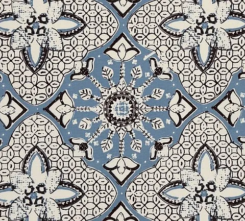 China Seas Fabric: New Batik - Custom Zibby Blue / Brown on Cream Suncloth