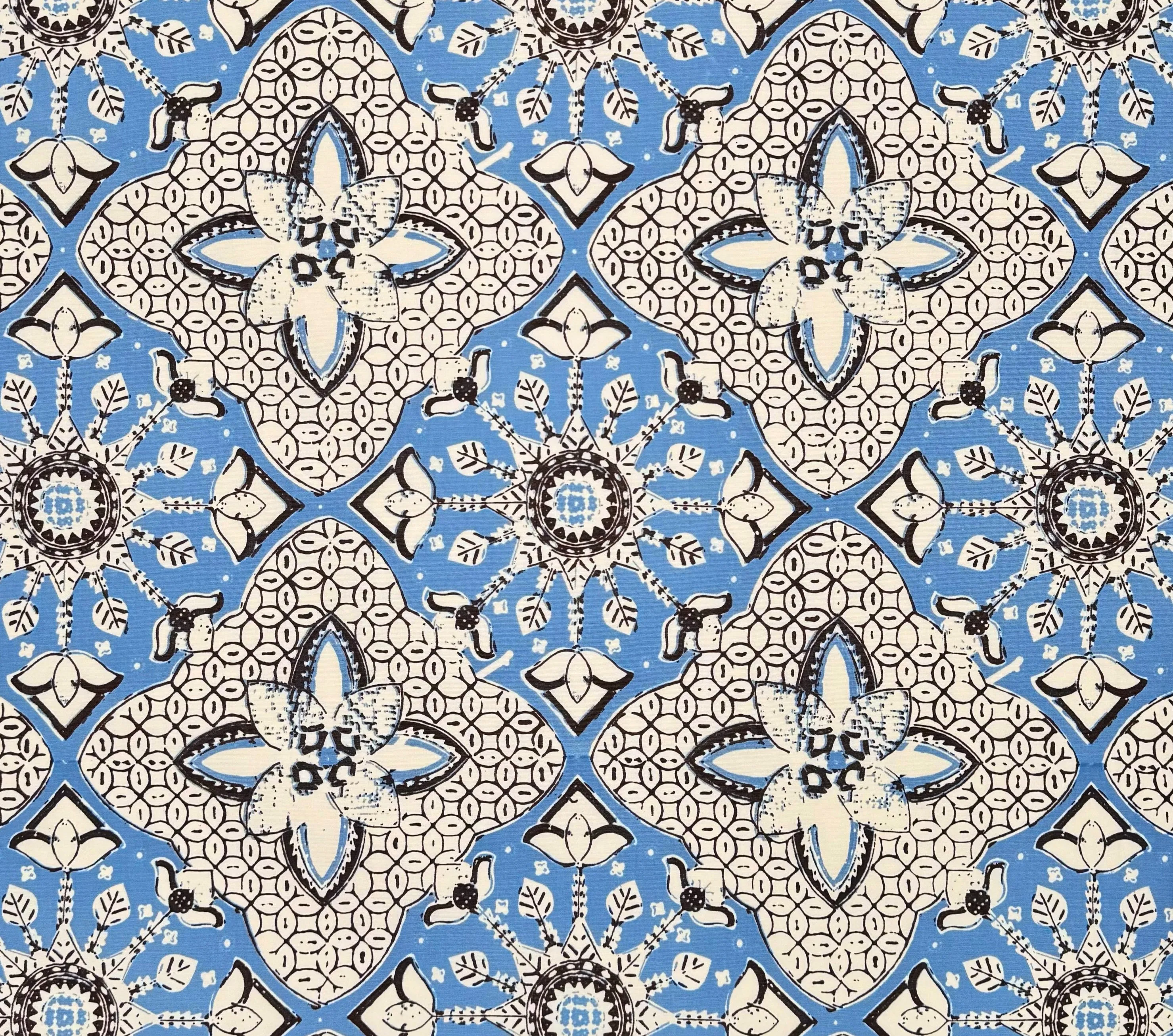 China Seas Fabric: New Batik - Custom Zibby Blue / Brown on Cream Suncloth