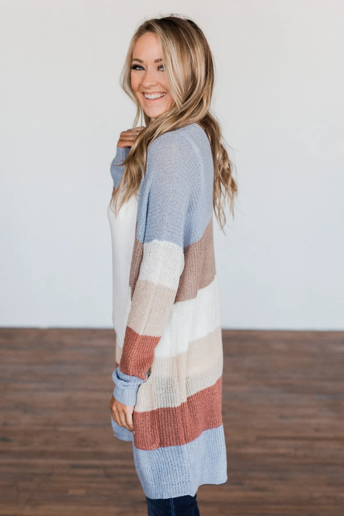 Conquer The World Color Block Cardigan- Mocha, Blue, Cognac