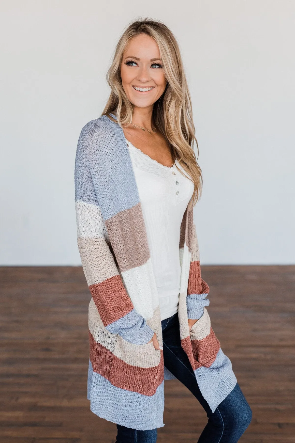 Conquer The World Color Block Cardigan- Mocha, Blue, Cognac