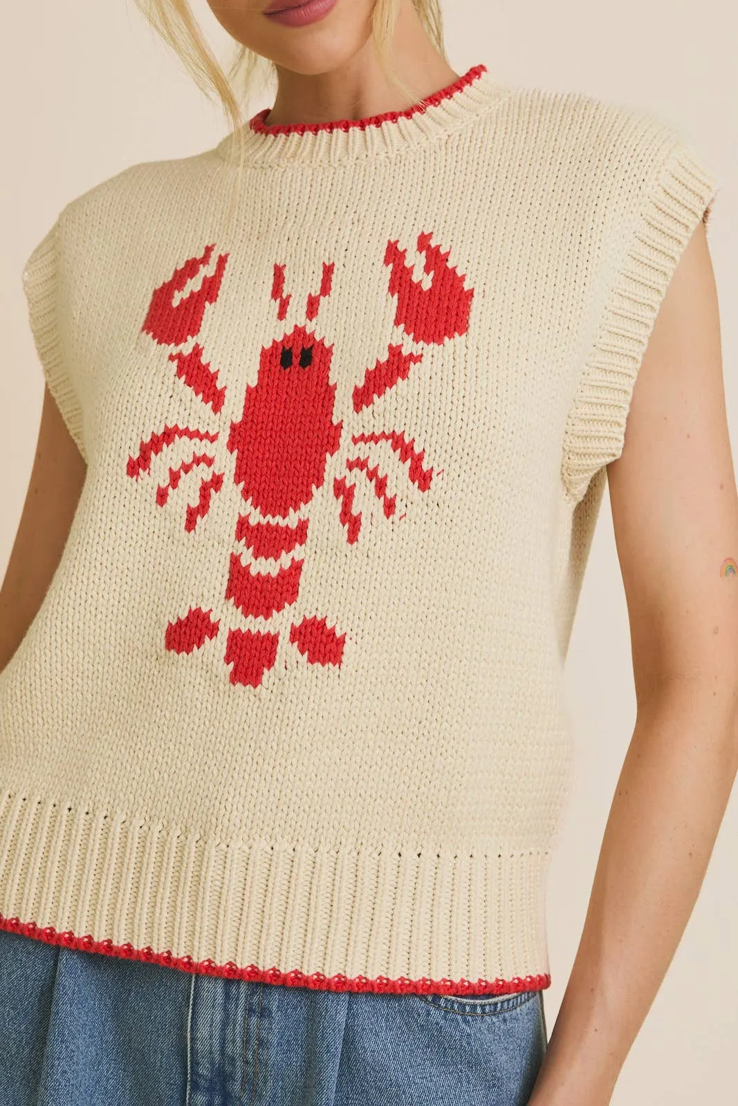 Cream Red Wide High Neck Sleeveless Lobster Sweater