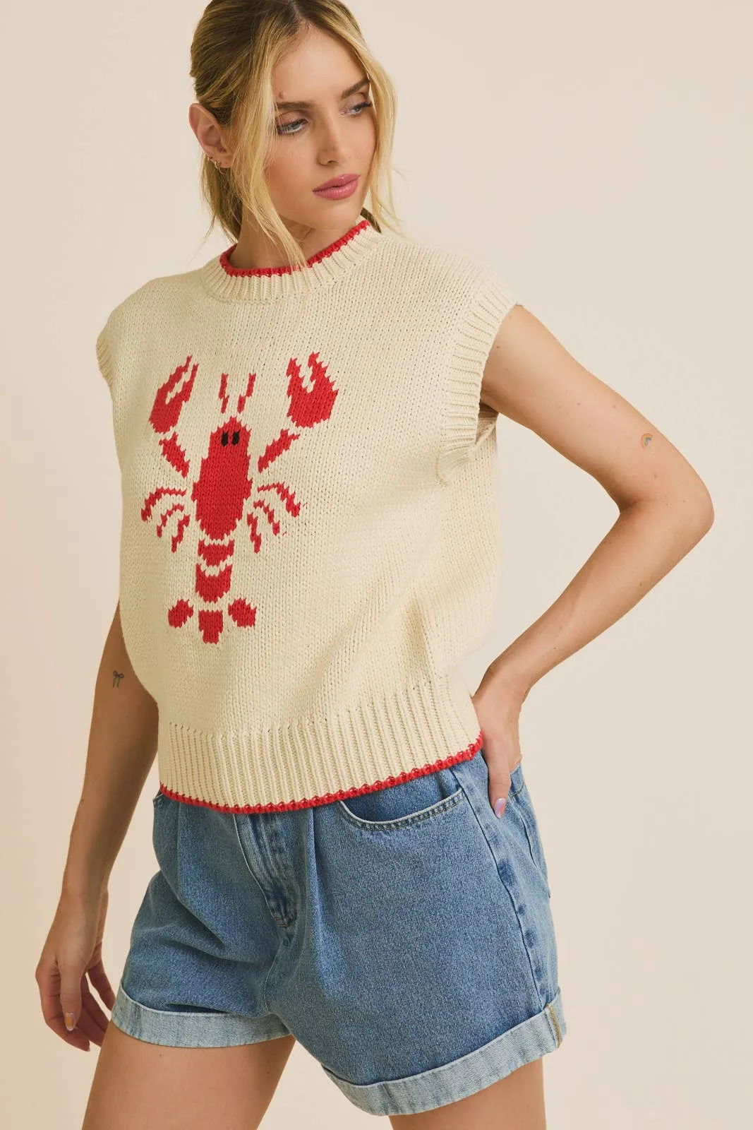 Cream Red Wide High Neck Sleeveless Lobster Sweater