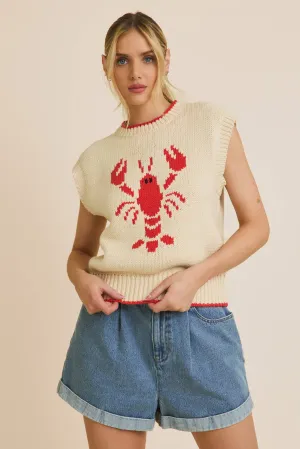 Cream Red Wide High Neck Sleeveless Lobster Sweater