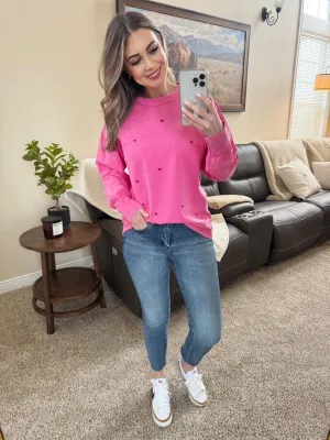 Crewneck With Red Hearts in Pink