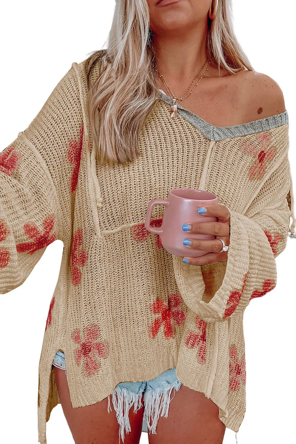Flaxen Floral Print Lightweight Knit Hooded Sweater
