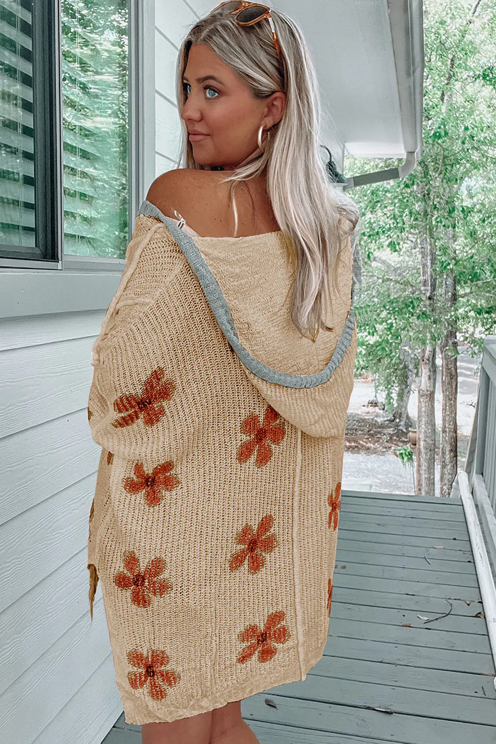 Flaxen Floral Print Lightweight Knit Hooded Sweater