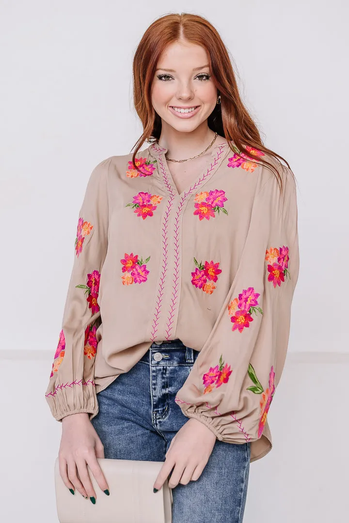 Flora Haven Embroidered Top | Taupe