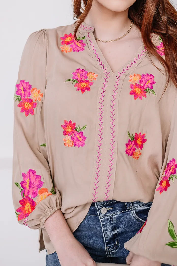 Flora Haven Embroidered Top | Taupe