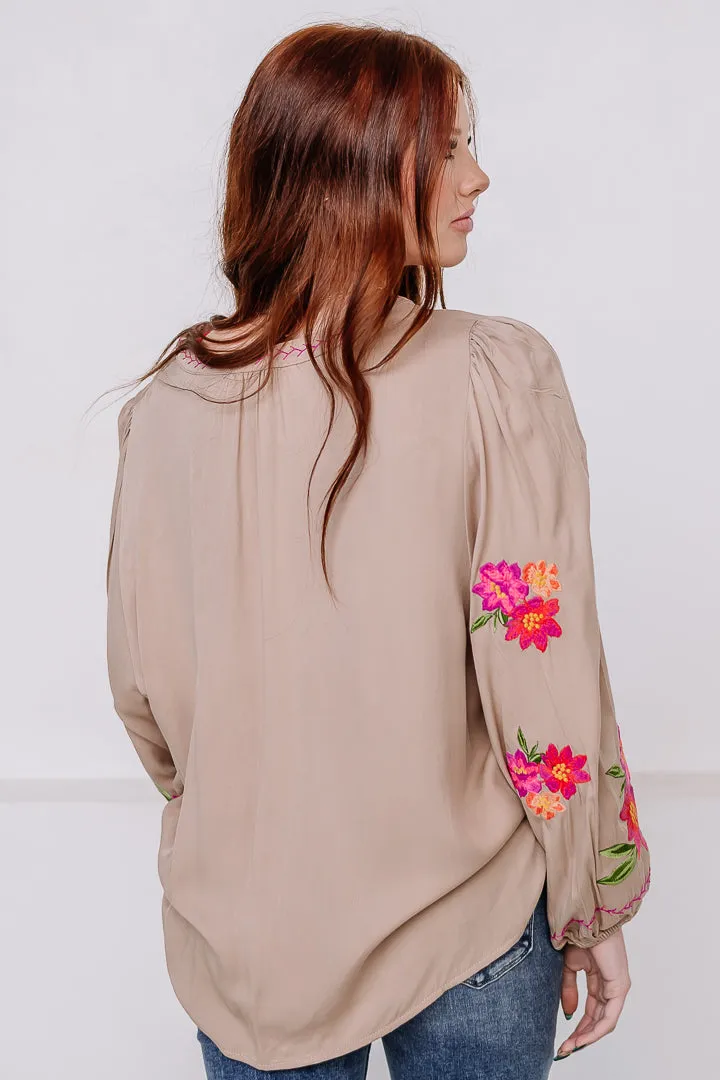 Flora Haven Embroidered Top | Taupe
