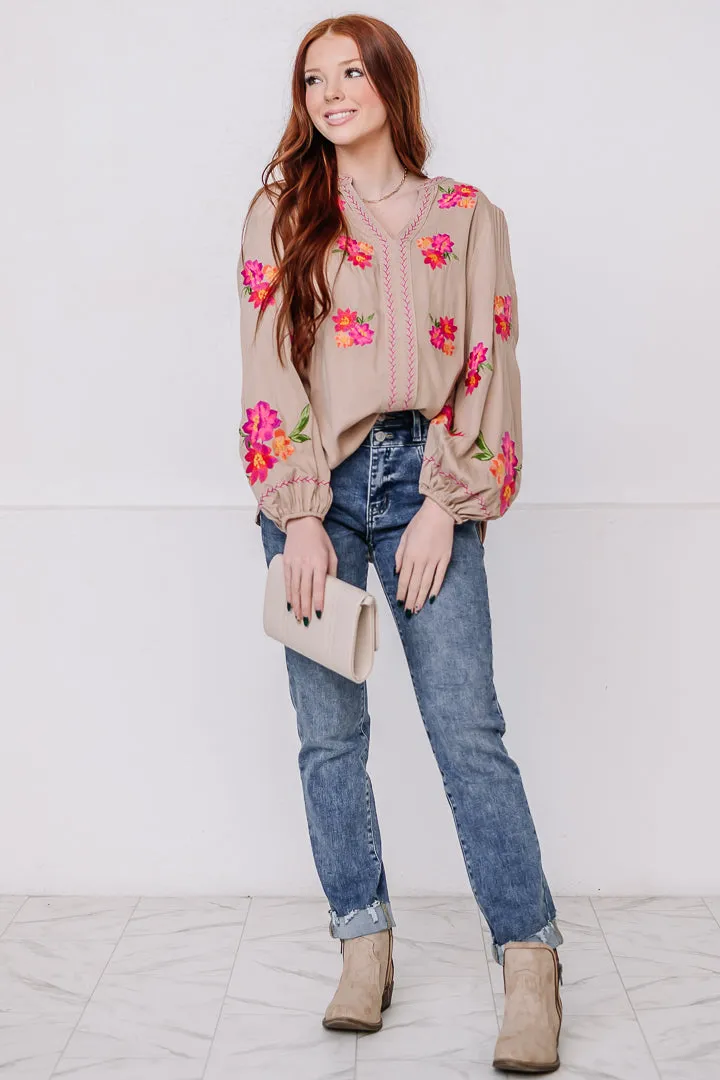 Flora Haven Embroidered Top | Taupe