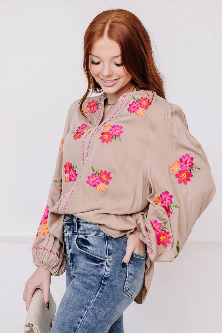 Flora Haven Embroidered Top | Taupe