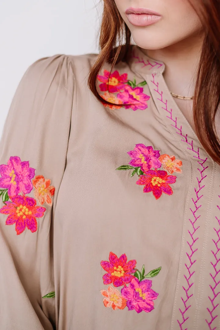 Flora Haven Embroidered Top | Taupe