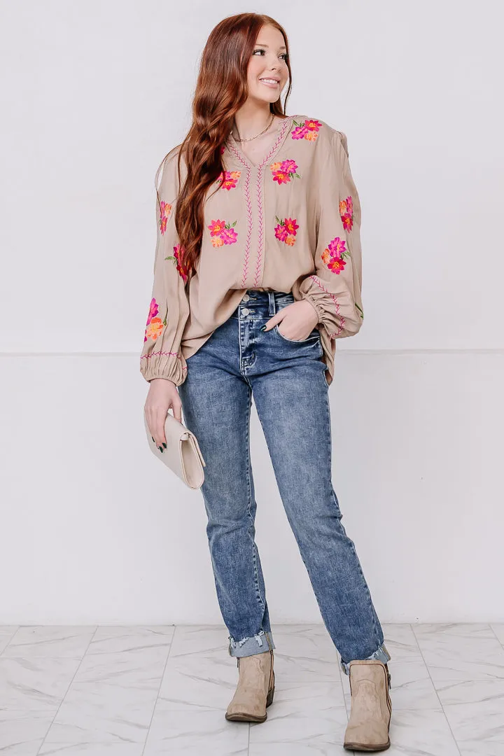 Flora Haven Embroidered Top | Taupe