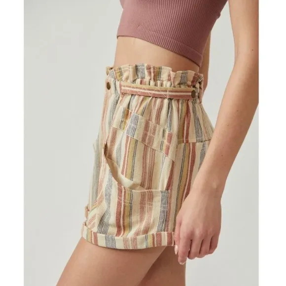 Free People Topanga Yarn Dyed Shorts New Large Boho Paper Bag Pocket striped