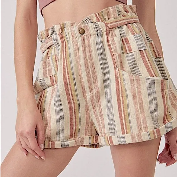 Free People Topanga Yarn Dyed Shorts New Large Boho Paper Bag Pocket striped