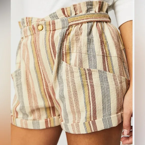 Free People Topanga Yarn Dyed Shorts New Large Boho Paper Bag Pocket striped