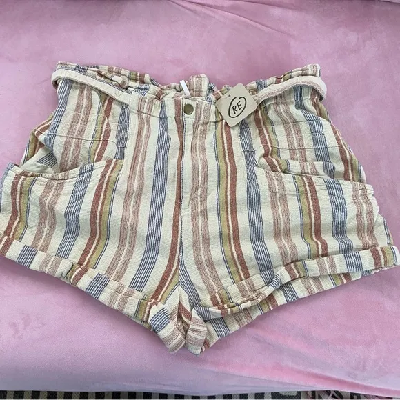 Free People Topanga Yarn Dyed Shorts New Large Boho Paper Bag Pocket striped