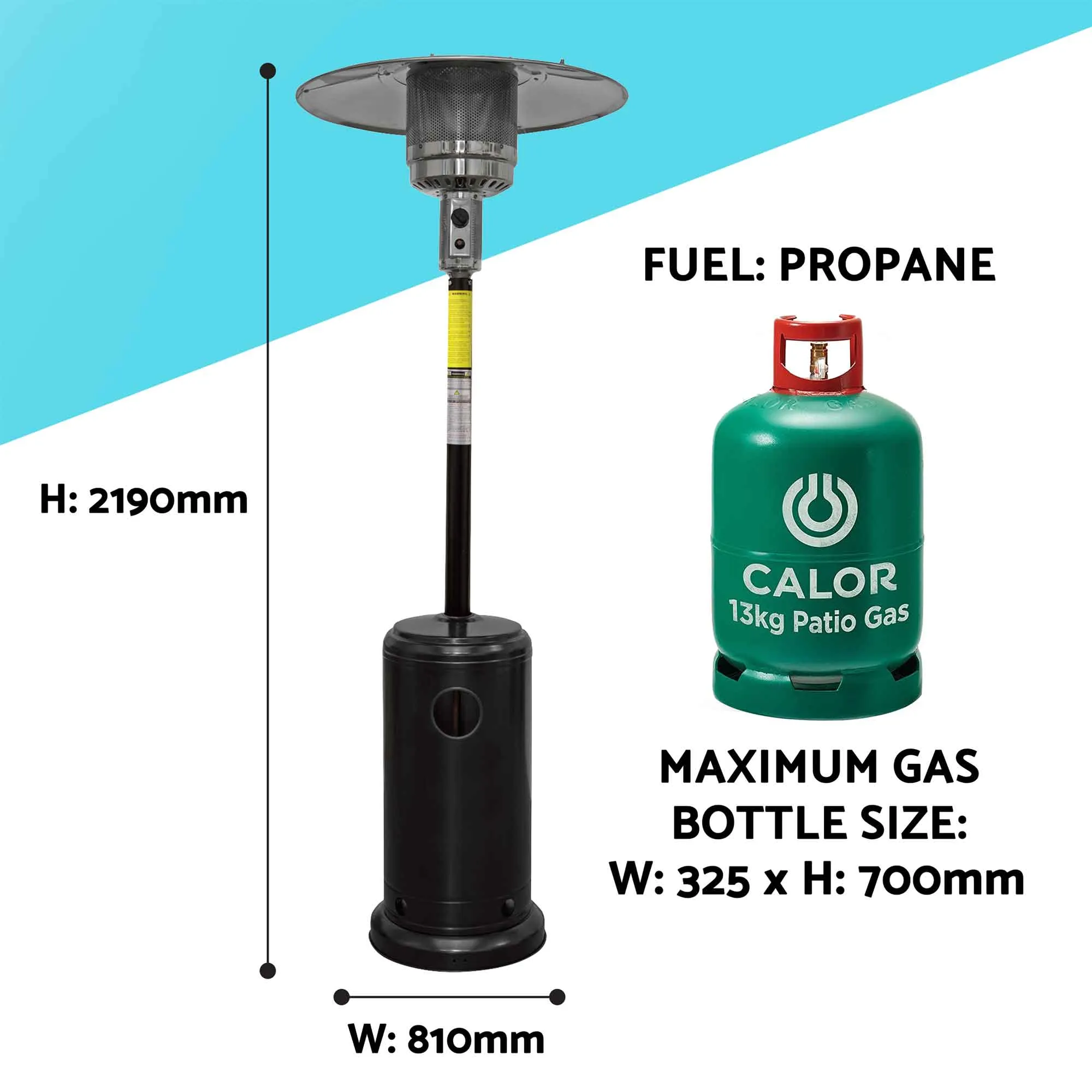 Freestanding Gas Patio Heater 13kW with Wheels & Cover for Commercial & Domestic Use, Black - DG220