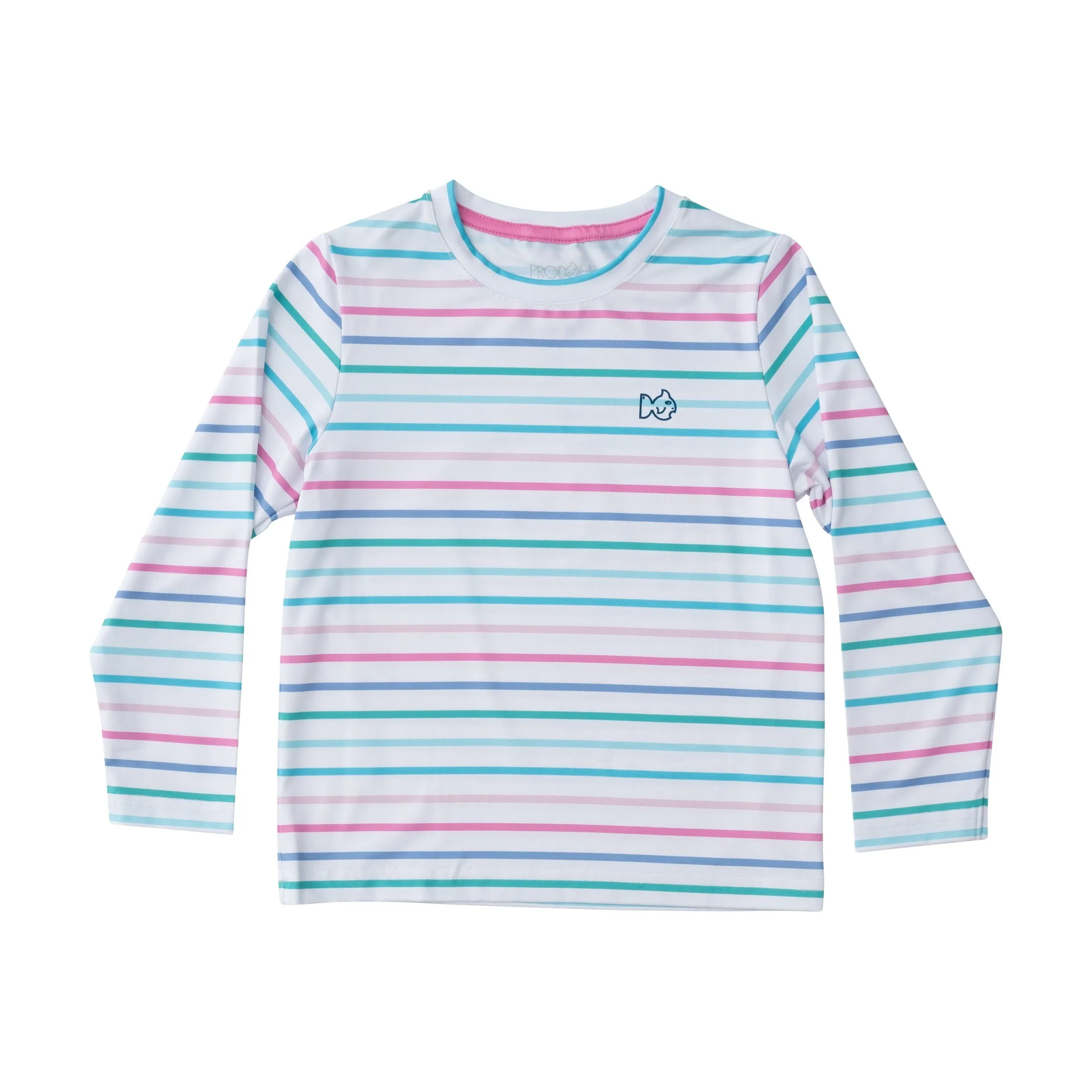 Girls Pro Performance Long Sleeve Fishing T-shirt Fuchsia Pink Multi Color Stripe Darlin Marlin